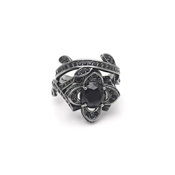 Black stone flower zirconia ring set - Picture 4 of 8